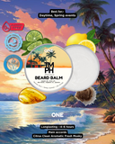 Beard balm packaging with tropical scenery and product details