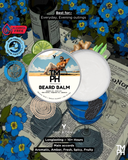 Beard balm container with floral and magazine background