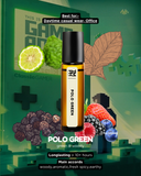 Polo Green cologne bottle with green and woody theme elements on a green background