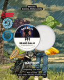 Beard balm packaging with tropical-themed background and product details.