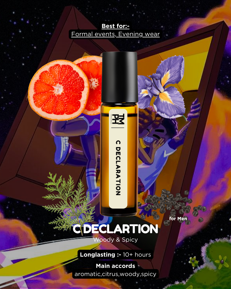 C Declaration cologne bottle with colorful abstract background