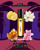 C Happy perfume bottle with lemon, flowers, and crystals on a colorful background