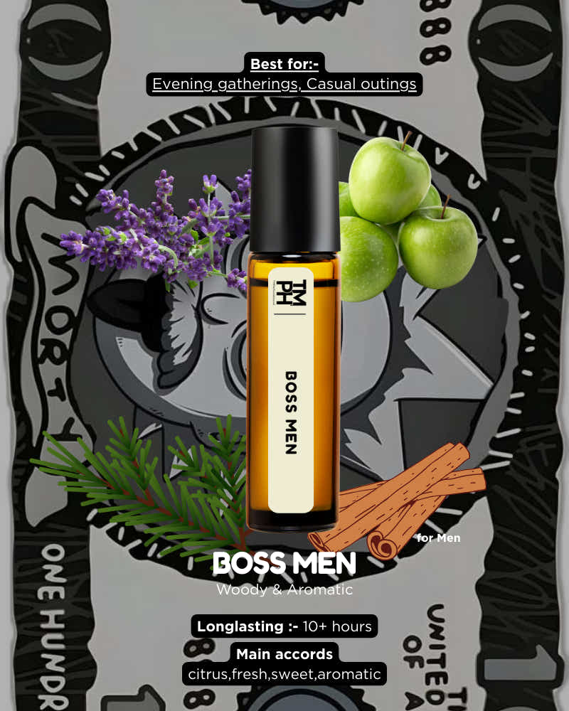BOSS MEN perfume bottle with decorative elements on a branded background