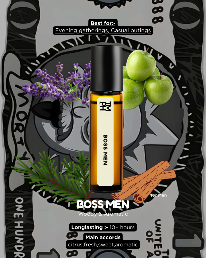 BOSS MEN perfume bottle with decorative elements on a branded background