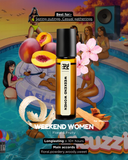 Product advertisement for 'Weekend Women' perfume with a pool party scene in the background.