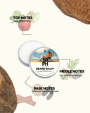 Beard balm container with branding and notes on a white background