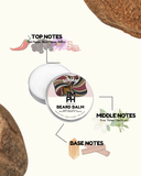 Beard balm container with flavor notes on a white background