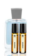 Two small amber bottles with black caps on a white background