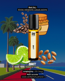 Roll-on bottle with palm trees, lime slices, and almonds on a blue background