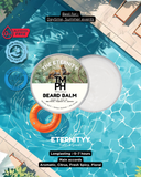 Beard balm packaging with pool and float in the background