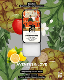 Fragrance bottle with smartphone displaying product details against a tropical-themed background