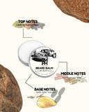 Beard balm container with notes on top, middle, and base notes on a white background