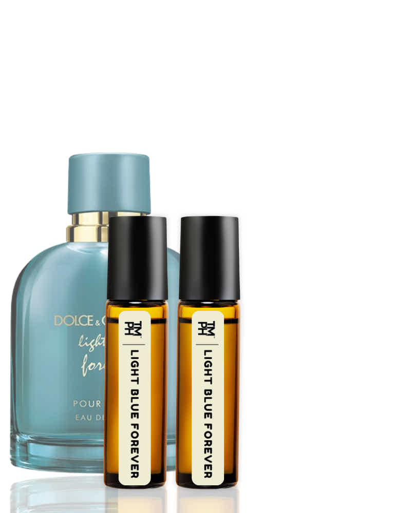 Dolce & Gabbana Light Blue Forever perfume bottle with two smaller bottles on a white background