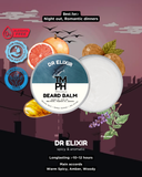 Dr Elixir TM PH Beard Balm packaging with fruit and plant elements on a cityscape background.