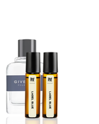 Two small bottles with black caps and white labels on a white background