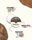 Beard balm container with notes on top, middle, and base notes on a white background