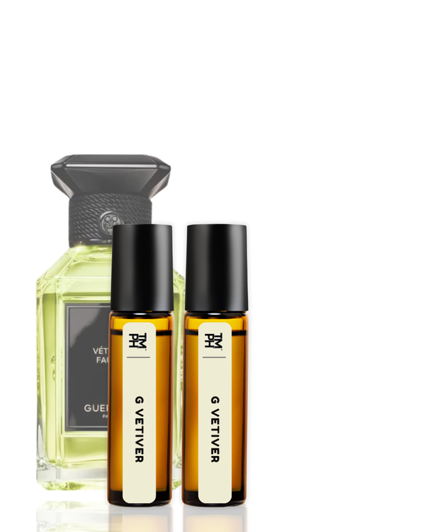 Collection of Guerlain vetiver fragrances on a white background
