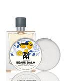 Beard balm packaging with a bottle and container on a white background