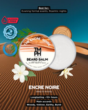 Beard balm packaging with branding and product details on a textured background