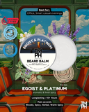 Beard balm container with branding and product details on a train window background