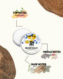 Beard balm container with notes on top, middle, and base notes on a white background