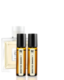 Two small bottles of L'Homme Colgene cologne with a larger bottle in the background on a white background