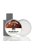 TM PH beard balm packaging with a leather theme on a white background