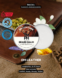 OM Leather TM PH Beard Balm container with ingredients and product details on a brown textured background