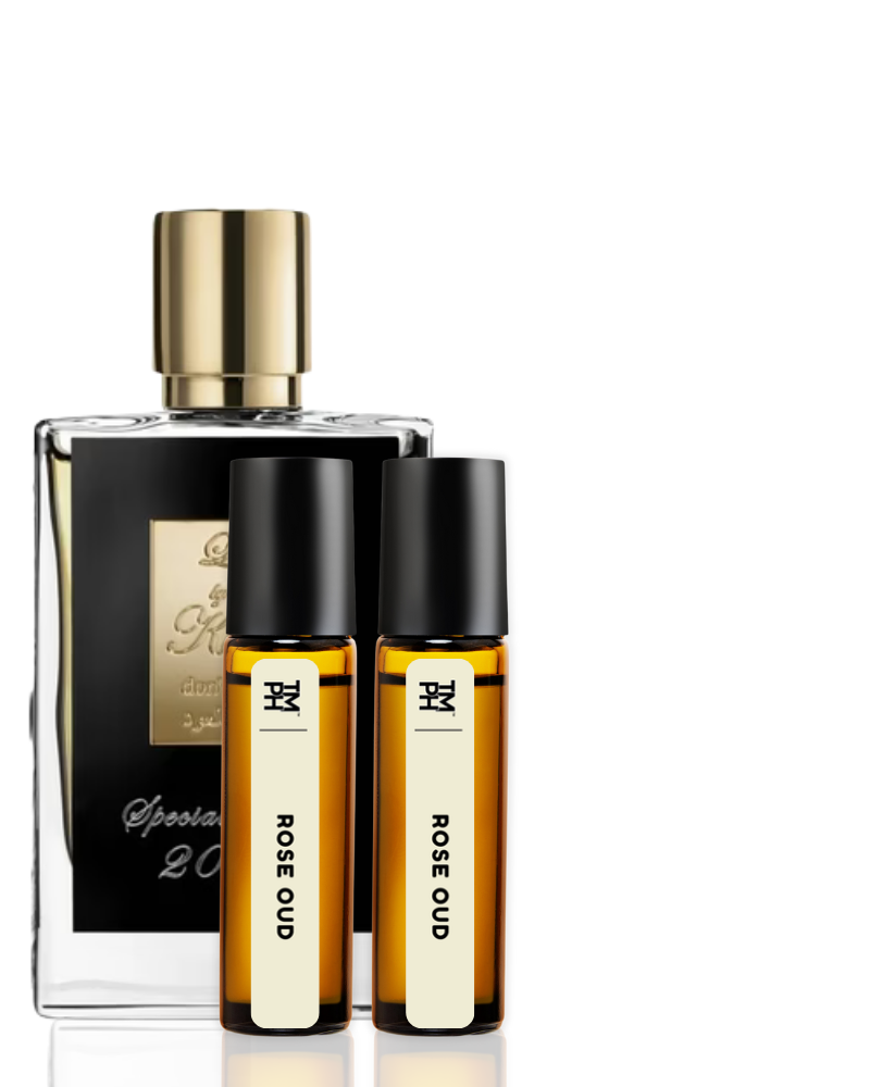 Perfume bottles with gold cap and black labels on a white background