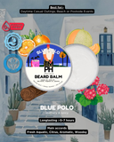 Blue Polo beard balm packaging with beach-themed illustration and product details.