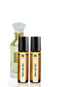 Two bottles of 'Velvet Oud' perfume on a white background