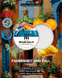 Beard balm container with decorative background featuring plants and architecture