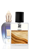 Two perfume bottles, one with a gold cap and blue label, the other with a black cap and white label featuring 'TM PH'.