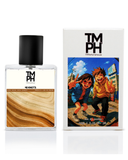 Perfume bottle and packaging with 'TM PH' branding and cartoon illustration on a white background