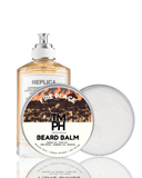 Beard balm packaging with a bottle and two containers on a white background