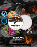 Beard balm container labeled 'TM PH' with decorative elements and product details on a dark background.