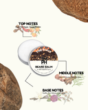 Beard balm container with notes on top, middle, and base notes on a white background