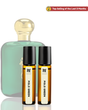 Perfume bottle and two rollerball bottles labeled 'Polo Green' on a white background.