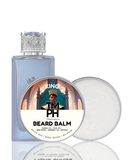 Beard balm packaging with a bottle and container on a white background