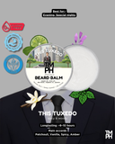 Advertisement for TM PH Beard Balm with a suit model wearing it, featuring product details and branding.