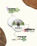 Beard balm container with notes on top, middle, and base notes on a white background