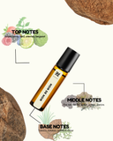 Roll-on bottle with botanical elements and notes on a white background