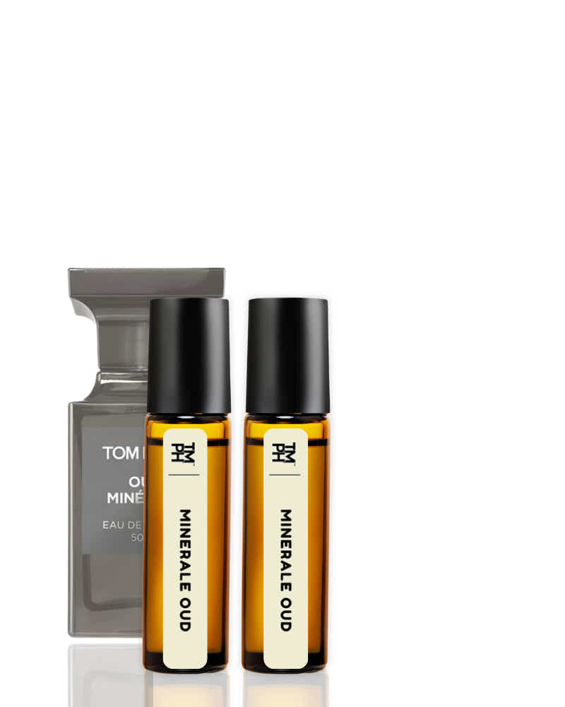 Two perfume bottles labeled 'Minérale Oud' by Tom Ford on a white background