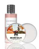 Oud Ispahan cologne bottle and TM PH beard balm on a white background