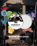 Beard balm packaging with branding and product details on a gym background