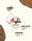 Beard balm container with notes on top, middle, and base notes on a white background