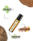 Essential oil roller bottle with notes labeled on a white background