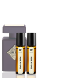 Two 'Rose Atomic' perfume bottles with a gray box on a white background