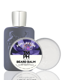 Beard balm packaging with a bottle and balm on a white background