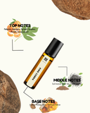 Roll-on bottle with notes on top, middle, and base of a fragrance, surrounded by stones and leaves.